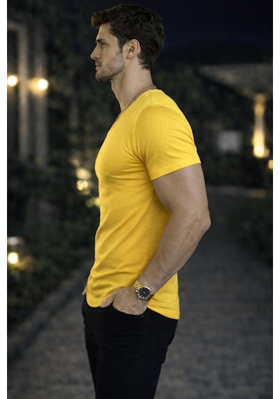 Bybülent Erkek Oval Yaka Tişört Açık Yaka Likralı Slim Fit T-shirt Sarı