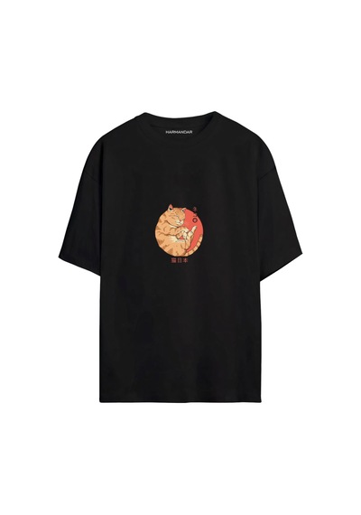 Anime Uyuyan Kedi Baskılı Unisex Siyah - Beyaz Oversize T-shirt SIYAH