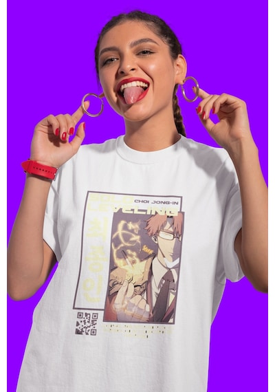 Solo Leveling Choi Jong-ın Baskılı Unisex Oversize Anime Karakter Beyaz