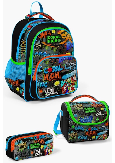 High Kids Siyah Mavi Grafiti Desenli 3'lü Okul Çanta Seti Set0114415