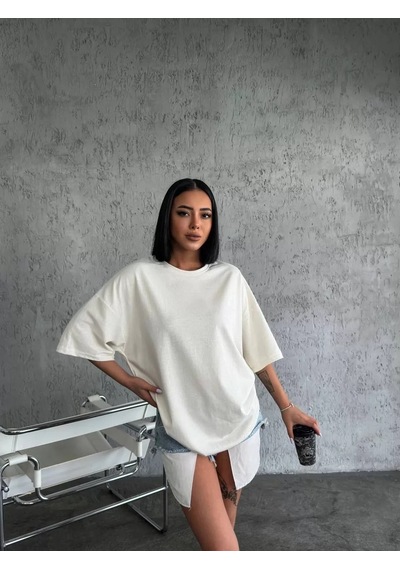 Unisex Düz Biskilet Yaka Oversize T-shirt - Beyaz 001