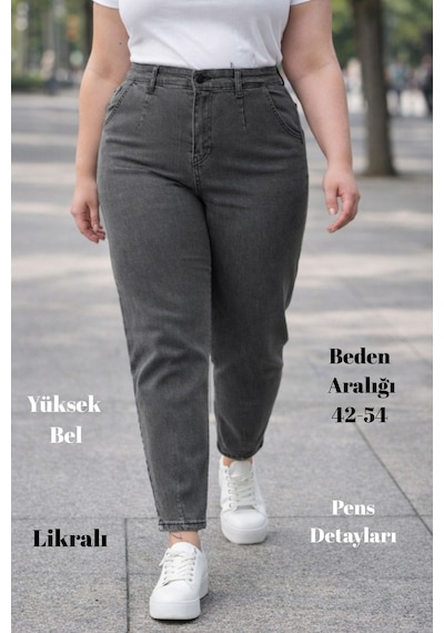 Cedy Denim Mom Fit Jean Büyük Beden Yüksek Bel Carrot Kesim Dar Paça Pileli Esnek Kot Pantolon C600 Gri