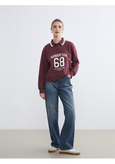 Lcw Modest Mürdüm Polo Yaka Manhattan Baskılı Kadın Kalın Sweatshirt