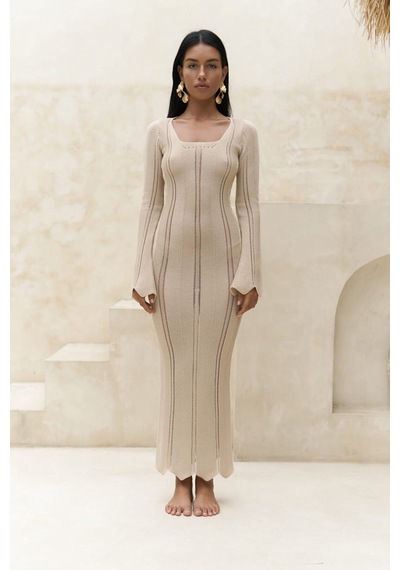 Mai Collection Mai Studios Co. Paulina Dantel Örgülü Bej Triko Elbise Bej
