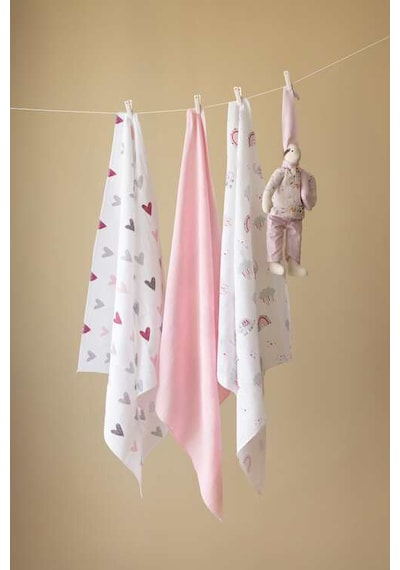 Çok Amaçlı Müslin Örtü & Battaniye 3'lü Set Pamuk Oeko-teks Sertifikalı 80x80 CM Beyaz - Pembe