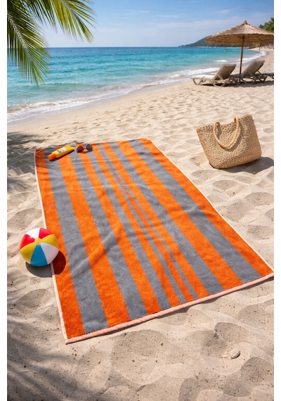 Plaj Havlusu %100 Pamuk Sertifikalı Kabana Turuncu Gri Çizgili Havuz Plaj Havlu 70x140cm Turuncu - Gri
