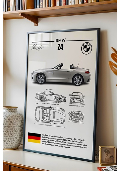 Bmw Z4 Tablo - Teknik Özellikli Alman Roadster Poster - Çerçeveli Duvar Dekoru - Araba Blueprint Siyah