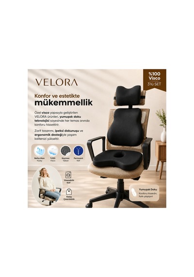 Velora Premium Ergonomik Boyun Bel Oturma Yastığı Seti Siyah - 887316050