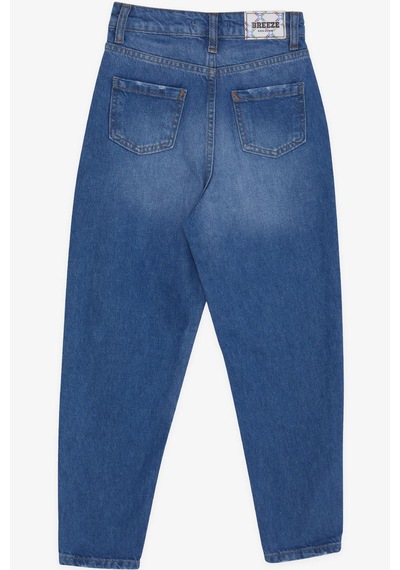 Breeze Kız Çocuk Jean Pantolon Cepli Düğmeli 9-14 Yaş, Mavi Mavi