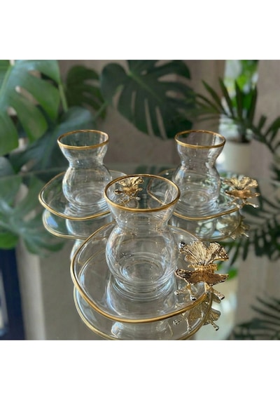 Alfafe Home Lüx 6 Kişilik 12 Parça Kelebekli Gold Yaldızlı Çay Seti Altın