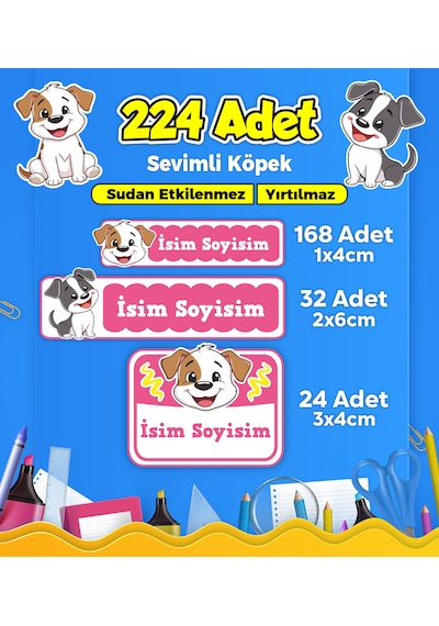 Sevimli Köpek Temalı Okul Kreş Kişiye Özel İsim Etiket Seti - Model 387 Çok Renkli