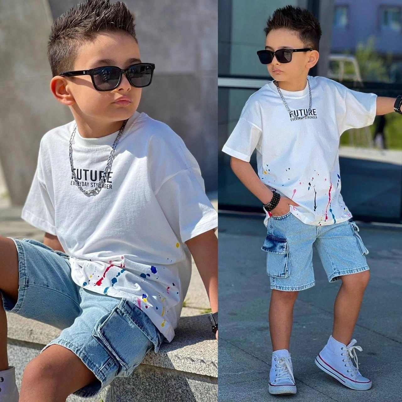 Cg Kids Future Baskı Basic Mavi Komando Cepli Şort Erkek Çocuk Al Beyaz