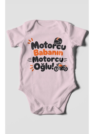 Morivokids Motorcu Babanın Motorcu Oğlu Kısa Kollu Bebek Body %100 Pamuk Bebe Pembe