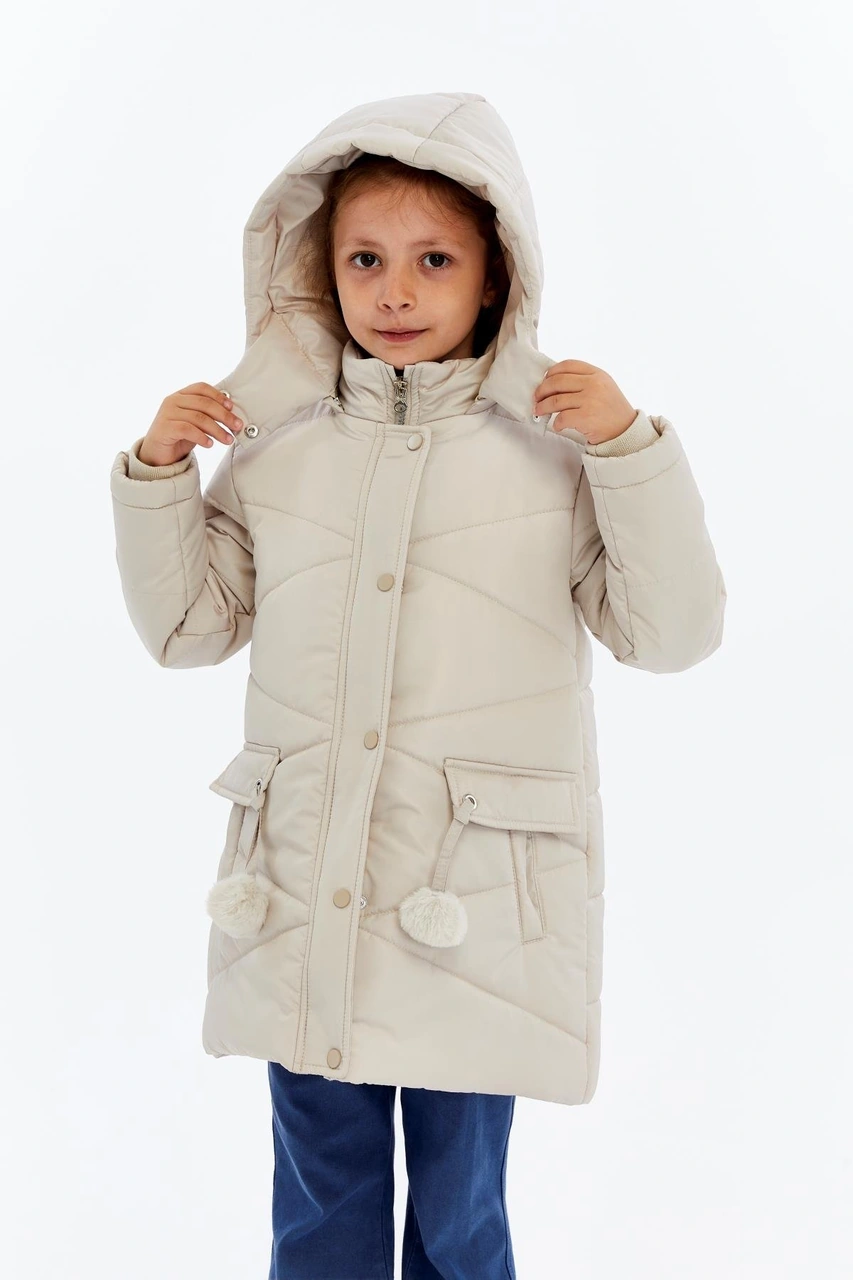 Benitto Kids Kapüşonlu Kışlık Ponpon Detaylı Kız Çocuk Kaban 51354 Ekru
