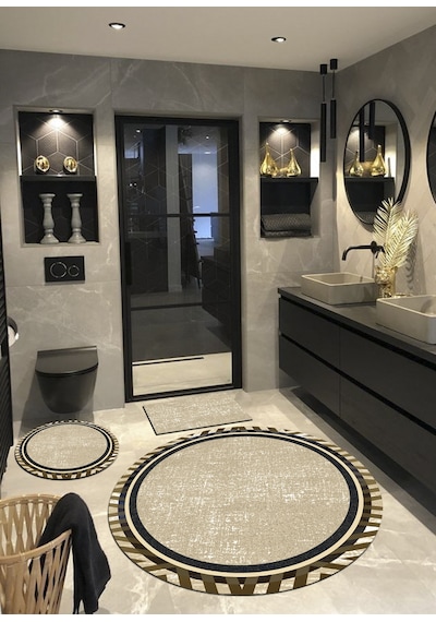 Patara, Kaymaz, Organik Pamuk Taban Yuvarlak Banyo Halısı-100X100 - 60X60 - 40X60 Cm (3'Lü Set) Çok Renkli