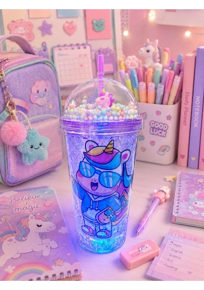 450 Ml Led Işıklı Pipetli İçecek Bardağı Boncuklu Sevimli Unicorn Tasarımlı Suluk Mavi 2646