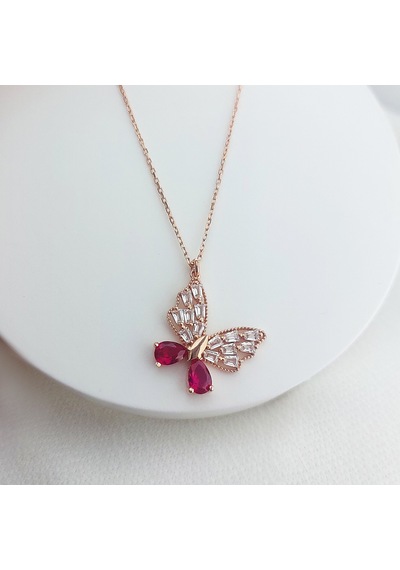 925 Ayar Gümüş Fuşya Damla Ve Baget Taşlı Kelebek Kolye Rose Gold