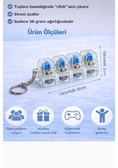 Işıklı Tuşlu Anahtarlık Click Sesli Tuşlu Şeffaf Anahtarlık, 4 Tuşlu Beyaz Renk