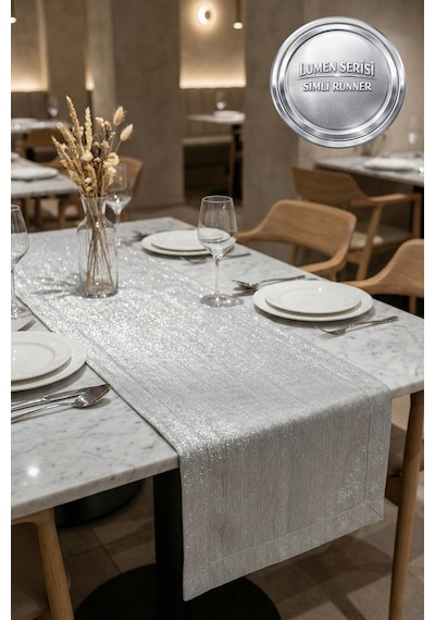 Lumen Serisi Simli Runner Gold / Silver , Premium Çeyizlik Lüks Şık Masa Örtüsü Runner 40x150 Cm Gümüş