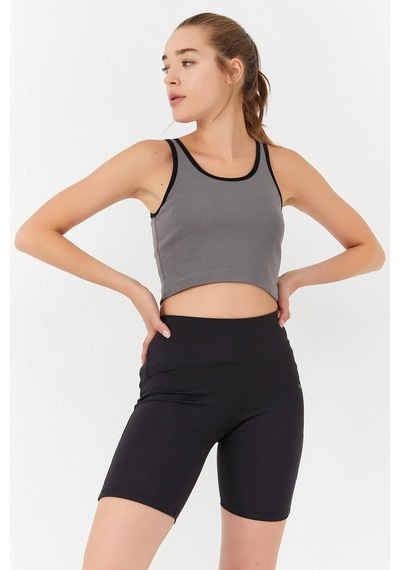 Tommy Life Gri Basic Sıfır Kol Dar Kalıp U Yaka Kadın Crop Top Atlet - 97162 Gri