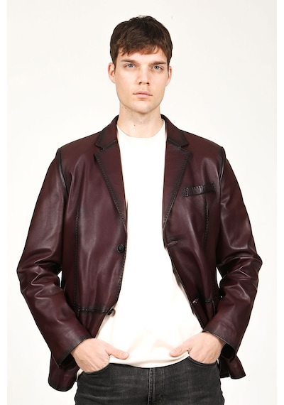 Dericlub Venedik Erkek Kruvaze Yaka Hakiki Deri Blazer Ceket Bordo