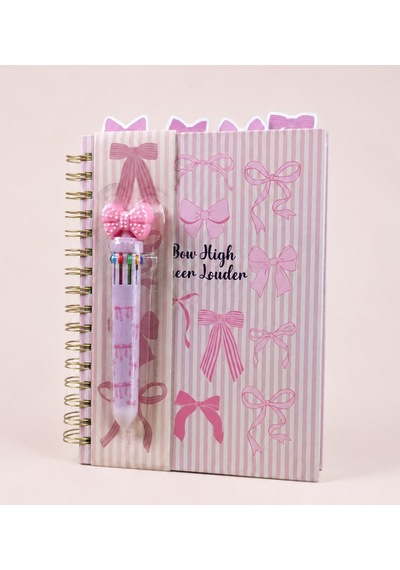 Pembe Fiyonk Temalı 4 Bölmeli Çizgili Defter & 10 Renkli Tükenmez Kalem Kırtasiye Seti
