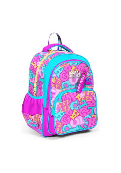 Coral High Üç Bölmeli İlkokul Okul Çantası - Kız Çocuk - Pembe Su Yeşili Harf Baskılı - 33241