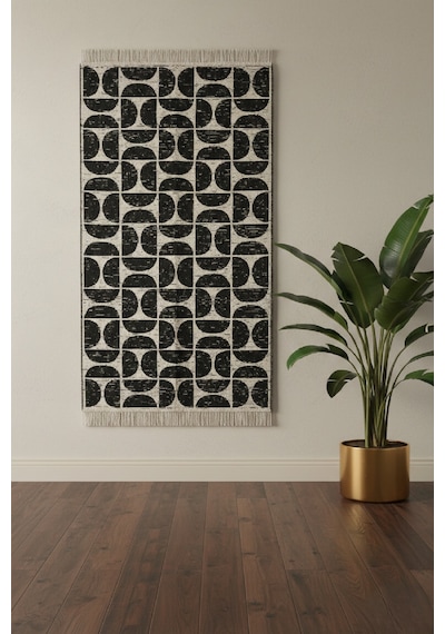 Siyah Modern Geometrik Desenli Kilim Makinede Yıkanabilir Renkli