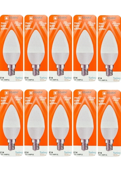 10 Adet Osaka 7w 50w Sarı Işık 3000k E14 Duylu İnce Duy Led Mum Ampul