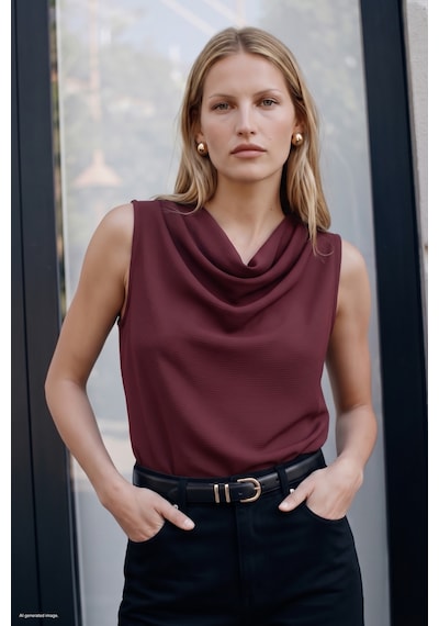 Sateen Desenli Degaje Yaka Bluz - Bordo-137847