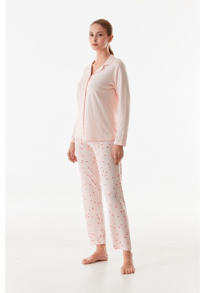 Fullamoda Kalp Desenli Gömlek Yaka 2 Li Pijama Takımı 24mıcg631216522-pudra Pudra
