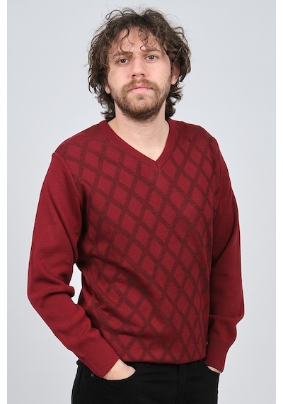 Pave Erkek V Yaka Desenli Yün Kazak 4539072 Bordo Bordo