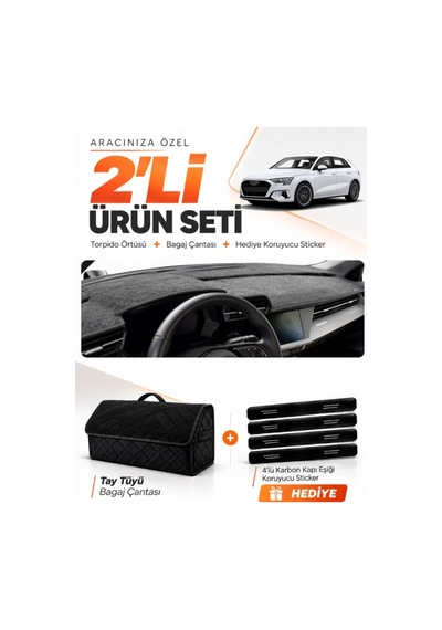 E-biz Audi A3 2020-2026 Uyumlu Torpido Örtüsü + Tay Tüyü Bagaj Çantası Seti - Siyah - Au008