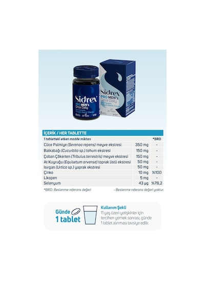 Sidrex Pro Men's Once Daily Cüce Palmiye Eki İçeren Takviye Edici Gıda 30 Tablet