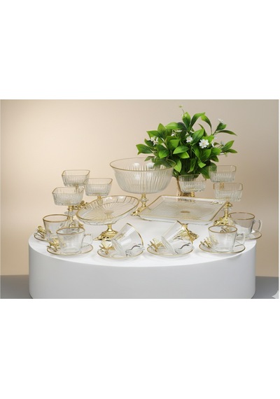 Çnr Home Collection Paşabahce Gold Detay Ayaklı Sunum & Servis Seti Pasta, Magnolia ,çay Seti , Kurabiyelik Sarı