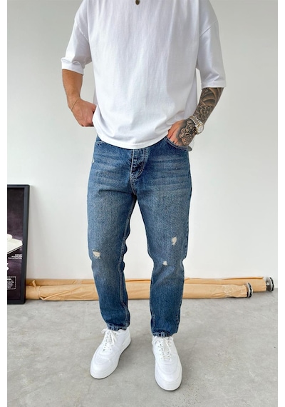 Koyu Mavi Soft Degrade Yırtıklı Boyfriend Pantolon