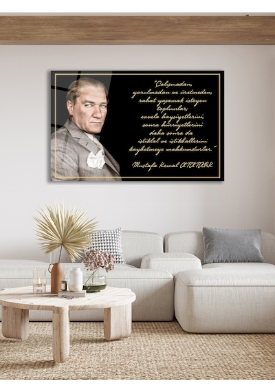 Atatürk Ve Sözleri Yatay Cam Tablo, Modern Ev Ofis Salon Duvar Dekoru Hediyelik Büyük Tablo Dekor
