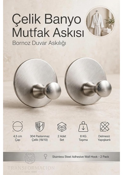 2 Li Set Çelik Yapışkanlı Banyo Havluluk Mutfak Askısı Gümüş Bornoz Duvar Askılığı 4,5 Cm Çap 304 Paslanmaz 723453 Diğer