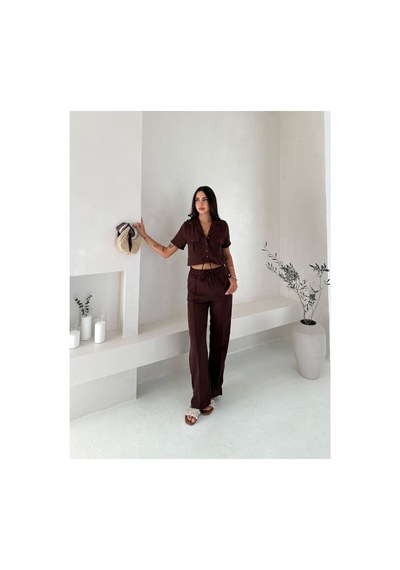 Wellway İthal Keten Kumaş İplik Detaylı Crop Gömlek & Pantolon İkili Takım -acı Kahve Kahverengi Wellway İthal Keten Kumaş İplik Detaylı Crop Gömlek & Pantolon İkili Takım -acı Kahve Kahverengi