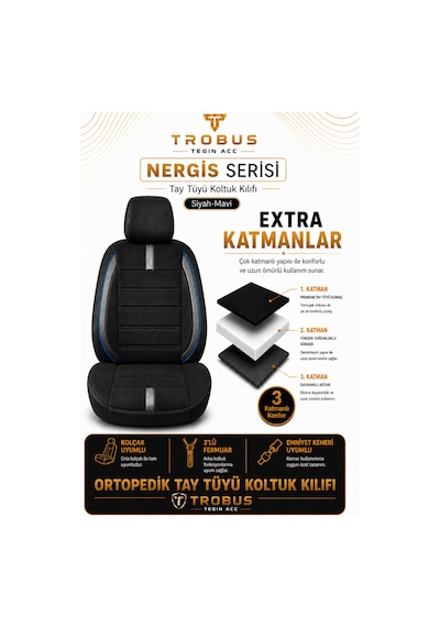 Hyundai Elantra 2011 Sonrası Uyumlu Nergis Siyah Mavi Ortopedik Tay Tüyü Koltuk Kılıfı
