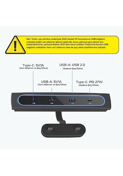 Tesla Model 3/y İçin Usb Şarj Cihazı - Çoklu Bağlantı Noktası Ve Mavi Led Işıklı Usb Hub Siyah