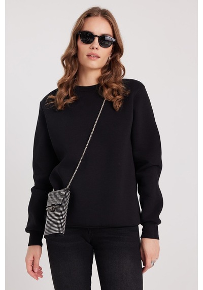 Tudors Kadın Oversize Geniş Kesim Pamuklu 3 İplik İçi Polarlı Basic Siyah Bisiklet Yaka Sweatshirt-37917 SiYAH
