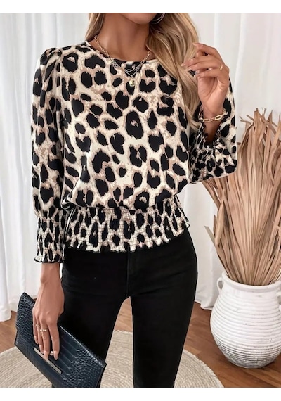 Buğrahayalin Kadın Uzun Kollu Bisiklet Yaka Leopar Desenli Modal Bluz Leopar