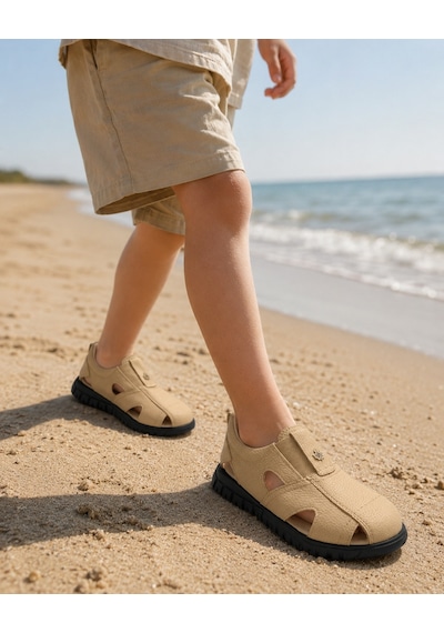 Rks Shoes Çocuk Sandalet Lastikli Rahat Kullanım Deri Bej