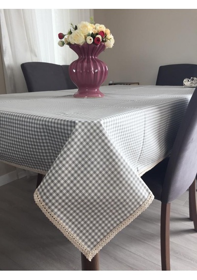 Gri Pötikareli Sıvı Ve Leke İtici Pamuk Dantelli Masa Örtüsü