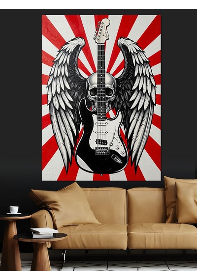 Kanatlı Kurukafa Ve Gitar Rock Konser Posteri Dekoratif Kanvas - Mdf Ahşap Tablo