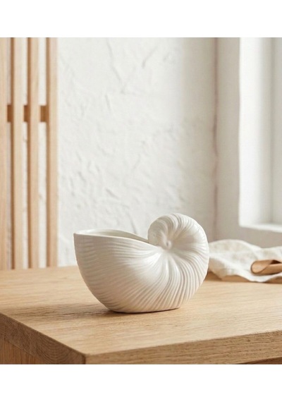 Dekoratif Beyaz Taş Tozu Deniz Kabuğu Vazo - Minimalist Bohem Nautilus Saksı & Obje Beyaz