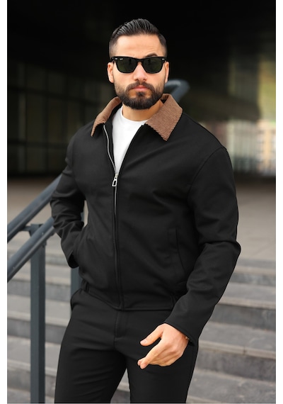 Kadife Yakalı Trucker Model Ceket Siyah