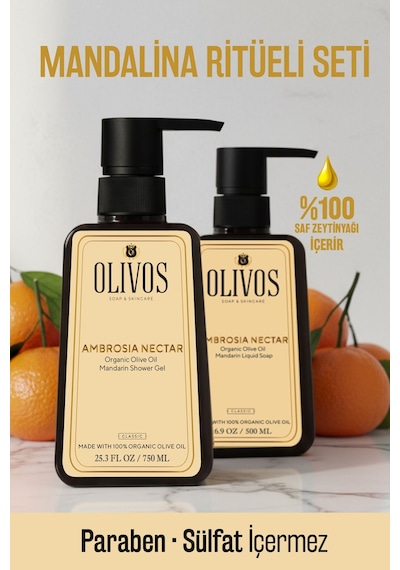 Ambrosia 2 Li Set %100 Doğal Zeytinyağlı Mandalina Kokulu Duş Jeli Ve El Sabunu, 1250 Ml