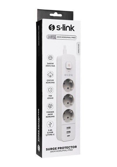Hepsi S-lınk Spg03tc 3 Soket Akım Korumalı Priz 1x Type-c 2xusb 5v 4a 1.5mt %100 Bakır 1mm Kablo 750 Joule Beyaz 19